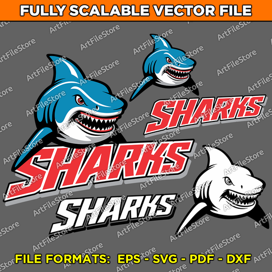 Vector artwork file featuring the Sharks team mascot with a dynamic and fierce design, perfect for school team jerseys, sports merchandise, and team branding.
