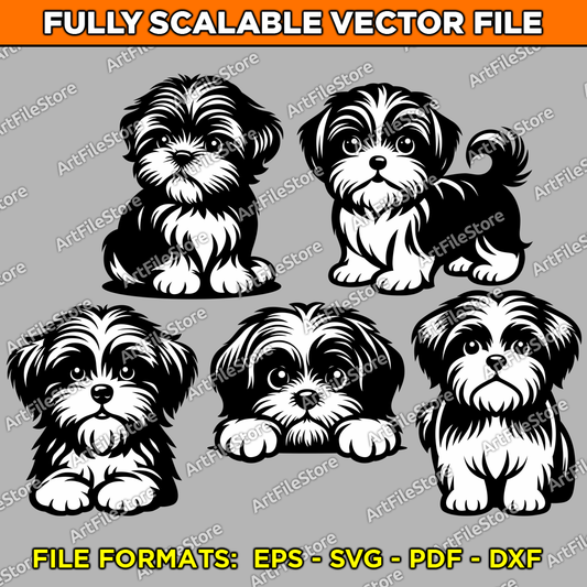 Vector artwork file featuring a delightful set of five Shih Tzu puppy illustrations, ideal for pet-themed designs and creative projects.
