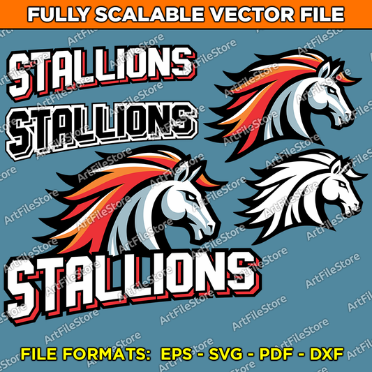 Vector artwork file featuring the Stallions team mascot with a dynamic and bold design, ideal for school team jerseys, sports apparel, and promotional materials.
