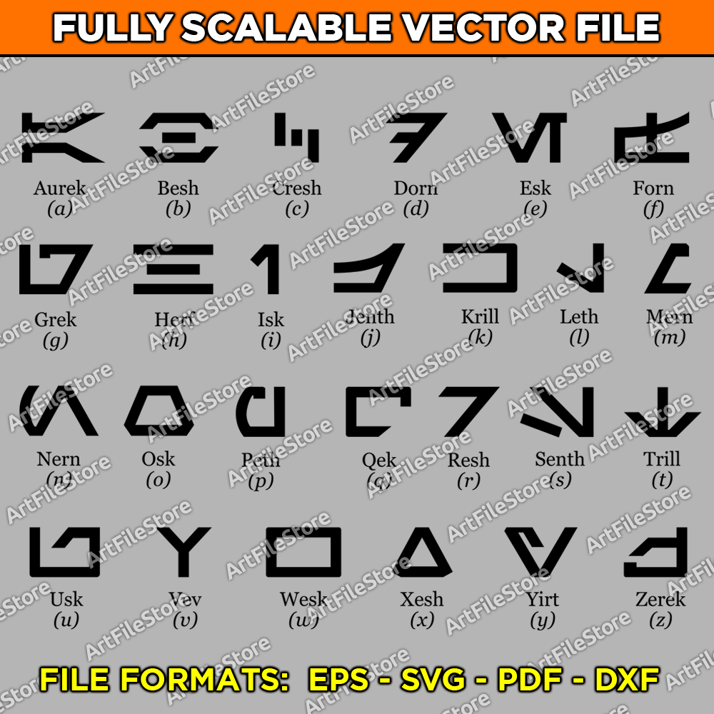 Vector artwork file featuring the complete Star Wars Aurebesh alphabet, ideal for themed designs, crafts, and creative projects.