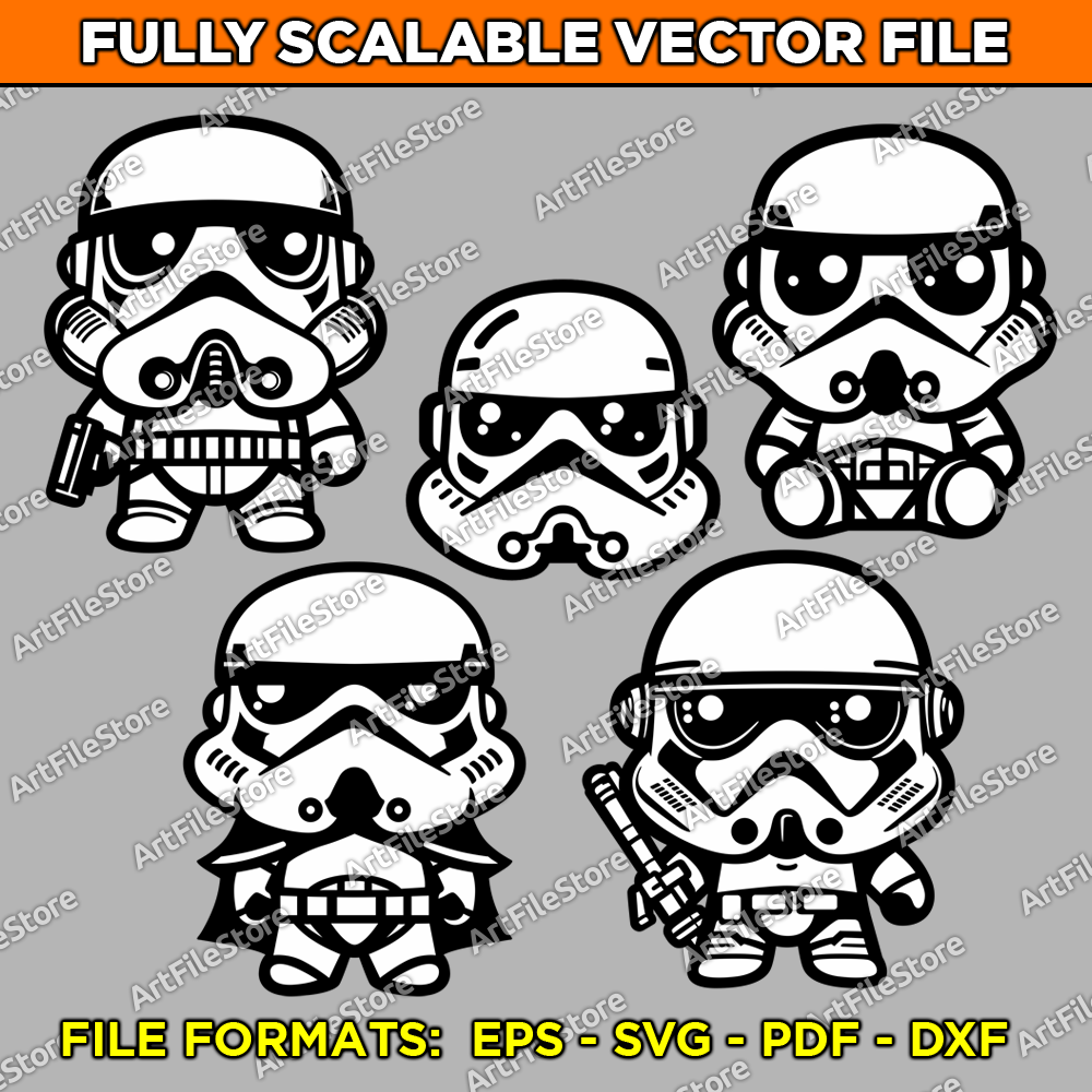 Set of 5 kawaii-style vector artwork designs featuring adorable Stormtrooper characters, perfect for Star Wars-themed crafts and creative projects