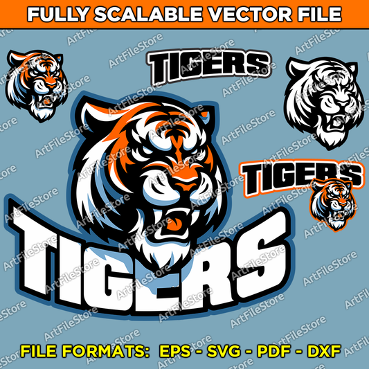 Vector artwork file featuring the Tigers team mascot in a fierce and energetic design, perfect for school team jerseys, sports gear, and branding materials.
