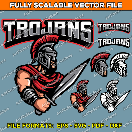 Vector artwork file showcasing the Trojans team mascot in a bold and dynamic design, ideal for school team jerseys, sports gear, and promotional materials.
