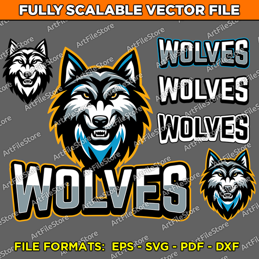 Vector artwork file featuring the Wolves team mascot with a bold and energetic design, ideal for school team jerseys, sports apparel, and team merchandise.
