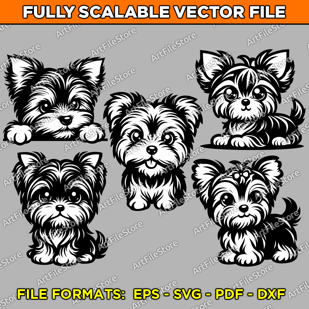 Vector artwork file featuring a charming set of five Yorkshire Terrier Yorkie puppy illustrations, perfect for pet-themed designs and creative crafts.
